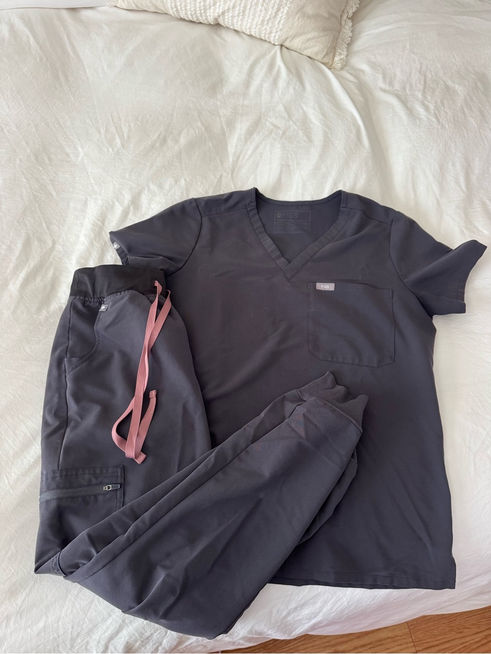 Figs charcoal Scrub Top and Jogger Pants with Pink Drawstring